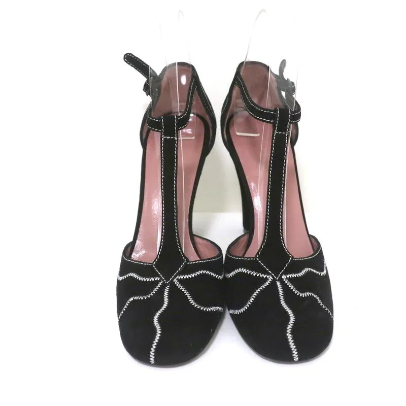Marni T-Strap Mary Jane Pumps Black Embroidered Suede Size 36