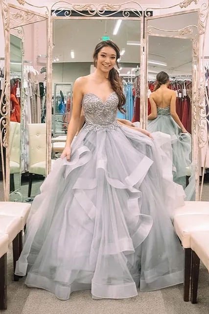 Princess Gray Sweetheart Neck Tulle Beaded Long Prom Dress Formal Evening Dress OK1126